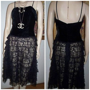 50's 60's True Vintage " Lilli Diamond of Ca. " Bohemian Lace & Velvet Dress M - Picture 1 of 9