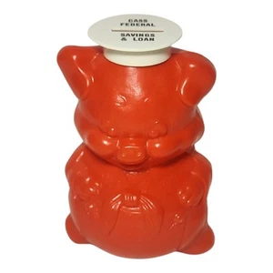 Vintage Red Plastic Piggy Bank 6.5" Cass Federal Savings & Loan Advertising - Picture 1 of 8