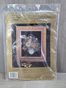 Mixed Floral On Black SOMETHING SPECIAL Cross Stitch Kit 14" X 18" BLACK 1991 - Picture 1 of 1
