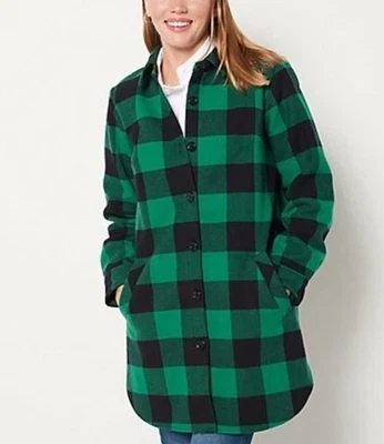 Joan Rivers Buffalo Check Shirt Jacket Coat w/Fleece Lining-Green/Black S/M - Image 1 of 4