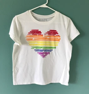 Damen T-Shirt mit Wickeloptik!! Weiß mit Regenbogenherz!! Größe L!! - Bild 1 von 3
