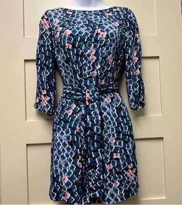 BODEN Blue Floral Geometric Midi Dress Size 4 Tie Waist 3/4 Sleeves Flattering - Image 1 of 4