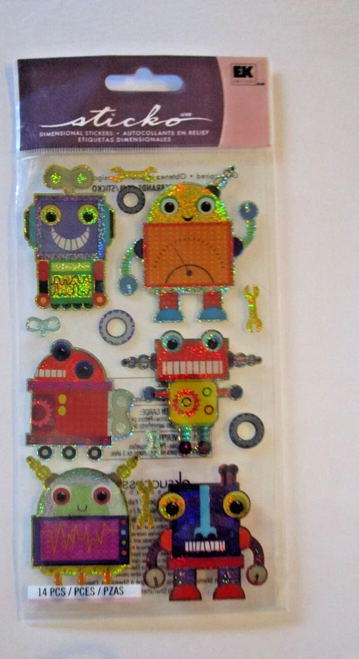EK SUCCESS STICKO Dimensional Stickers - Robots - hard to find NEW 14 pieces - Image 1 of 3