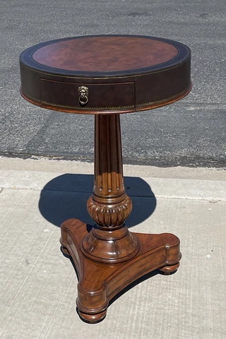 Hemingway Thomasville Table Round Accent 19" d x 30" h Drawer Leather Lion Pull Cover