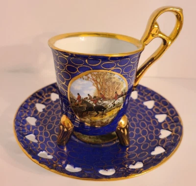 Vintage KPM Cobalt Blue & Gold “Fox Hunt” Tea Cup and Heart Cutout Saucer - Image 1 of 4