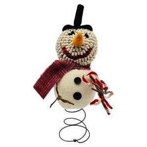 Vintage Snowman Tree Topper Figurine Holding Candy Cane Felt Face Spring Stand - Picture 1 of 13
