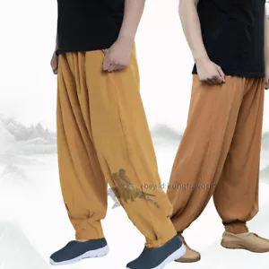 Pantaloni monaco buddista shaolin kung fu pantaloni tai chi misto cotone lino larghi - Foto 1 di 11