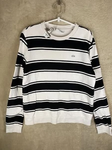 LACOSTE Casual Pullover Jumper Size 36 Womens White Black Striped Logo - Picture 1 of 11