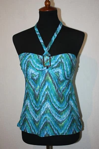 Island Escape Gr. 10 Neckholder Tankini Schwimmen Oberteil blau grün geometrisch leicht wattiert - Bild 1 von 6