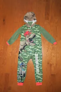 ONE-PIECE ❤️ 6-7y OLD BOY JURASIC WORLD PJ ❤️ HOOD ZIP POLY WINTER DINO PAJAMAS - Picture 1 of 5