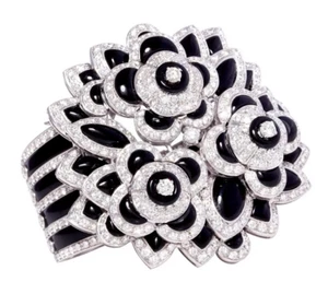 17.50 CT White Cubic Zirconia With Black Enamel Argentium Silver Cuff Bracelets - Picture 1 of 10
