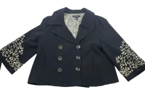 Karen Kane Embroidered Blazer Black Double Breasted Button Flare Womens Medium - Picture 1 of 12