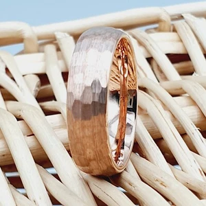 Rose Gold Tungsten Wedding Band Hammer Finished Brushed Rose Gold Tungsten Rings - Picture 1 of 7