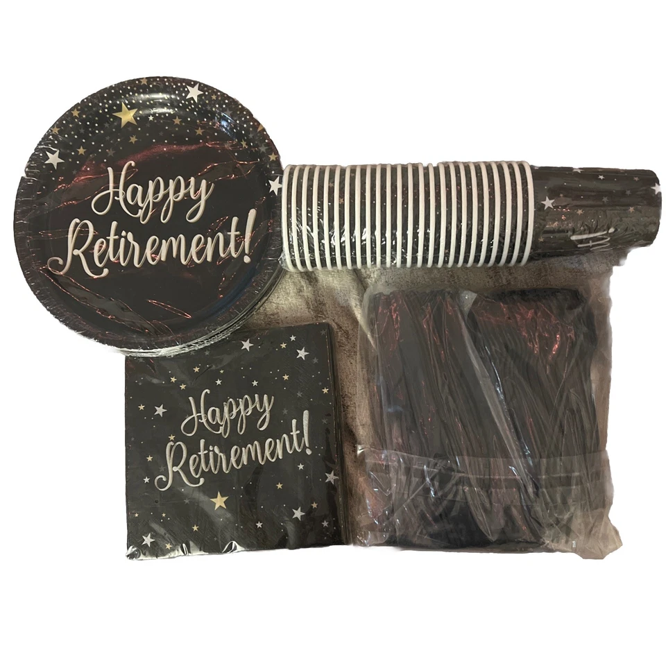Juego de vajilla de fiesta Happy Retirement - 24 tazas, platos, servilletas, cubiertos de plástico Foto 1 de 1