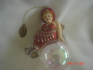 Vintage KATHERINE'S COLLECTION ÜPPIGE MEERJUNGFRAU AUF GLASBLASENORNAMENT mit Etikett - Bild 1 von 6