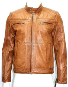NEW Style Men's Genuine Lambskin Real Leather Jacket Premium Tan Motorcycle Coat - Picture 1 of 9