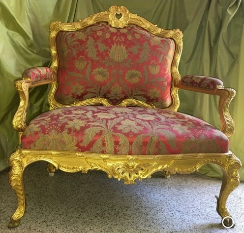 Louis XV Marquise Wide Fauteuil Armchair Sculpted Giltwood Bronze Rubelli Fabric Cover