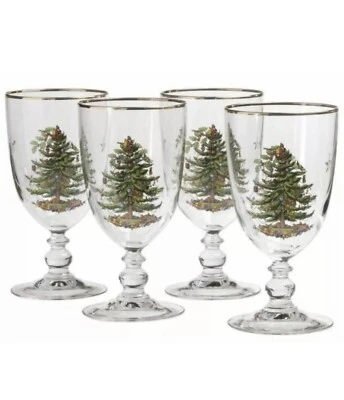 Spode Christmas Tree 16 Oz Pedestal Goblets with Gold Rims, Set of 4 WITH BOX - Image 1 of 4