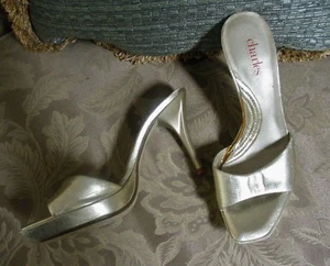 NEIMAN CHARLES DAVID GOLD BACKLESS PLATFORM SEXY SPIKES 4" STILETTO 7.5 PROM - Picture 1 of 9