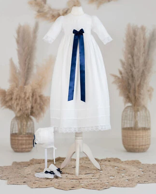 HANDGEFERTIGT Taufkleid mit Mütze und Schuhen, Gr. 56 bis 92, Leinen, Mädchen + Junge