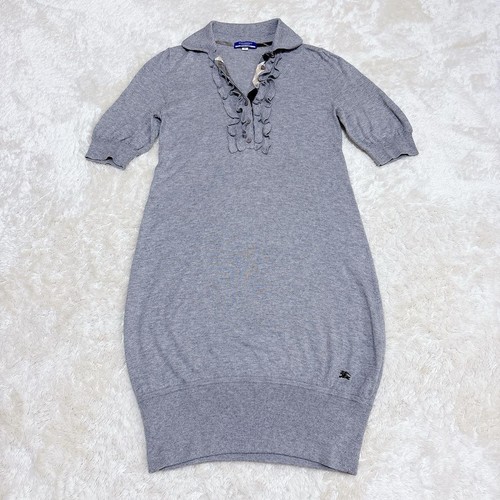 Abito Burberry blu etichetta misto cashmere manica corta maglia volant grigio