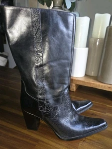 Antonio Melani Black Leather Boots 9M Western Style Tooled Detailing Pointed Toe - Picture 1 of 17