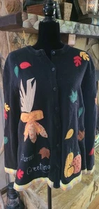 Quacker Factory Vintage Autumn Greetings Fall Harvest Cardigan Sweater Sz M  - Picture 1 of 11