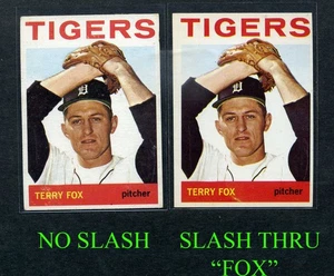 1964 TOPPS #387 TERRY FOX DETROIT "YELLOW SLASH" UNLISTED ERROR VARIATION PAIR - Bild 1 von 2