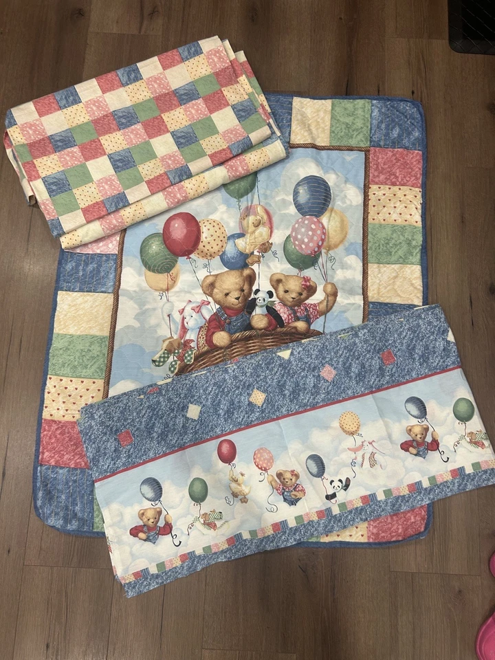 De Colección Azul Jean Oso de Peluche Bebé Edredón Guardería Manta Borde de Seda Globo de Aire Caliente Foto 1 de 4