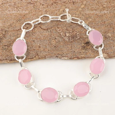 Rosa Argento Sterling Calcedonio Pietra Art Déco Nuovo Catena Halloween Regalo - Immagine 1 di 4