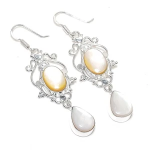 Natural Mother of Pearl Gemstone 925 Sterling Silver Jewelry Earring Size 2.65'' - Picture 1 of 1