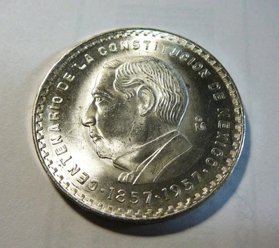 MEXICO SILVER 5 PESOS JUAREZ 1857-1957 CENTENARY CONSTITUTION UNCIRCULATED - Image 1 of 2