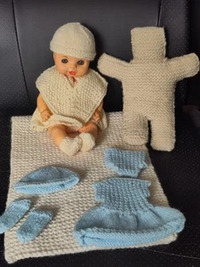 Vintage Cute Baby Doll With Hand Knitted Clothes, Blanket & Soft Toy- good - Picture 1 of 15