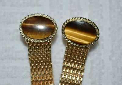 Vintage Destino signed Tiger Eye Tigereye Cufflinks Adj. Wrap around Mesh Estate - Image 1 of 4