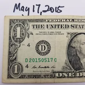 Birthday Note May 17, 2015 Dollar Bill Anniversary Fancy Serial Number $1 2013 D - Picture 1 of 6