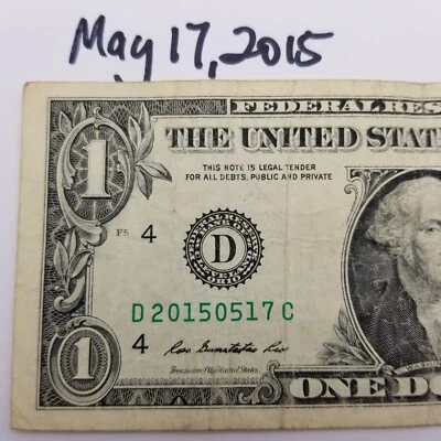 Birthday Note May 17, 2015 Dollar Bill Anniversary Fancy Serial Number $1 2013 D - Image 1 of 4