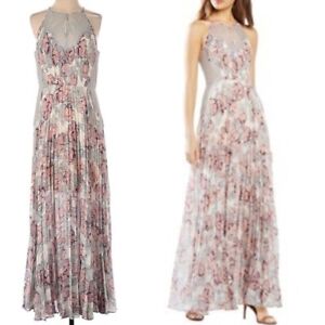 BCBG MAXAZRIA PLEATED FLORAL LACE HALTER GOWN DRESS SHADOW BLUSH COMBO SIZE 10