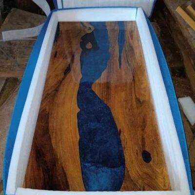 Rectangle Epoxy Dining Table Blue Resin Acacia Wood Conference Meeting Furniture - Image 1 of 4