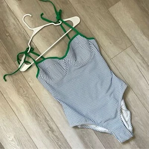 J.Crew Seersucker Swimsuit striped one piece womens Blue White (size 10) preppy - Picture 1 of 8