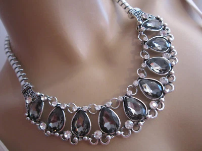 Strass Collier Damen Hals Kette Modekette kurz Silber Schwarz Statement Blogger - Bild 1 von 3