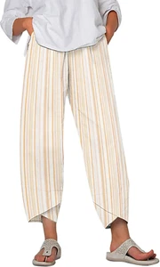 Striped Linen Pants for Women Summer Casual Wide Leg Capri Pants with Pockets Co - Picture 1 of 13