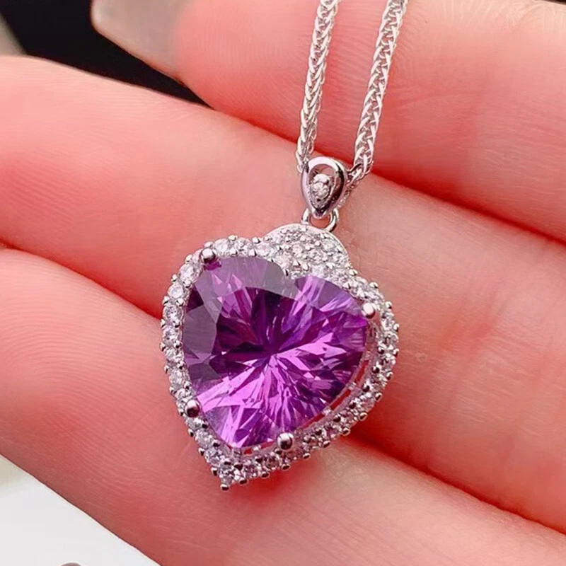 Nuevo Precioso Corazón Dije Púrpura Amatista Piedras Preciosas Mujeres Plata Dije Collares Foto 1 de 4