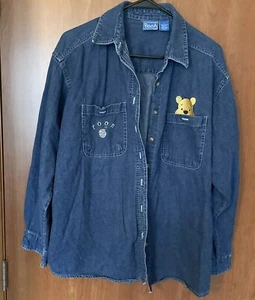 Vintage Disney Winnie the Pooh Denim Shirt Womens Large Blue Long Sleeve Classic - Picture 1 of 7