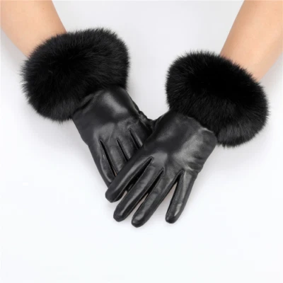 New Wholesale Women Real Leather Gloves with Rabbit Fur Cuffs Sheepskin Mittens - Image 1 of 4