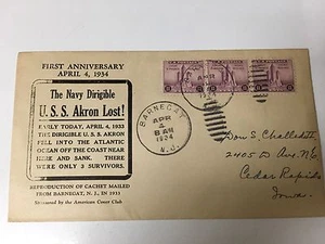    POSTAL COVER FIRST ANNIVERSARY U.S.S AKRON LOST 1934 - Picture 1 of 1