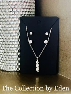Macys Necklace & Earrings- Silver Round CZ Three Stone Pendant w/ Round Studs - Picture 1 of 3