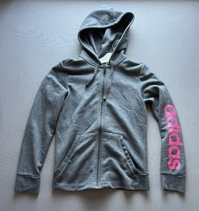 Adidas Giacca Donna Piccola Grigio Full Zip Cappuccio Logo Manica Classica Lineare Felpa con Cappuccio - Foto 1 di 8