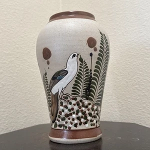Tonala Vase Signed Mateos Mexican Folk Art Pottery Bird Blue Gray Butterfly 9” - Picture 1 of 18