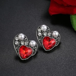 Heart Blood Red Ruby & Pearl Black Gold Plated Stud Earrings Best Gift For Her - Picture 1 of 1