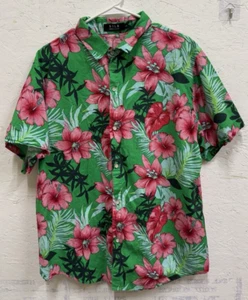 SSLR large Men's Hawaiian Button Up Small Short Sleeve Shirt Floral Pink green - Picture 1 of 5